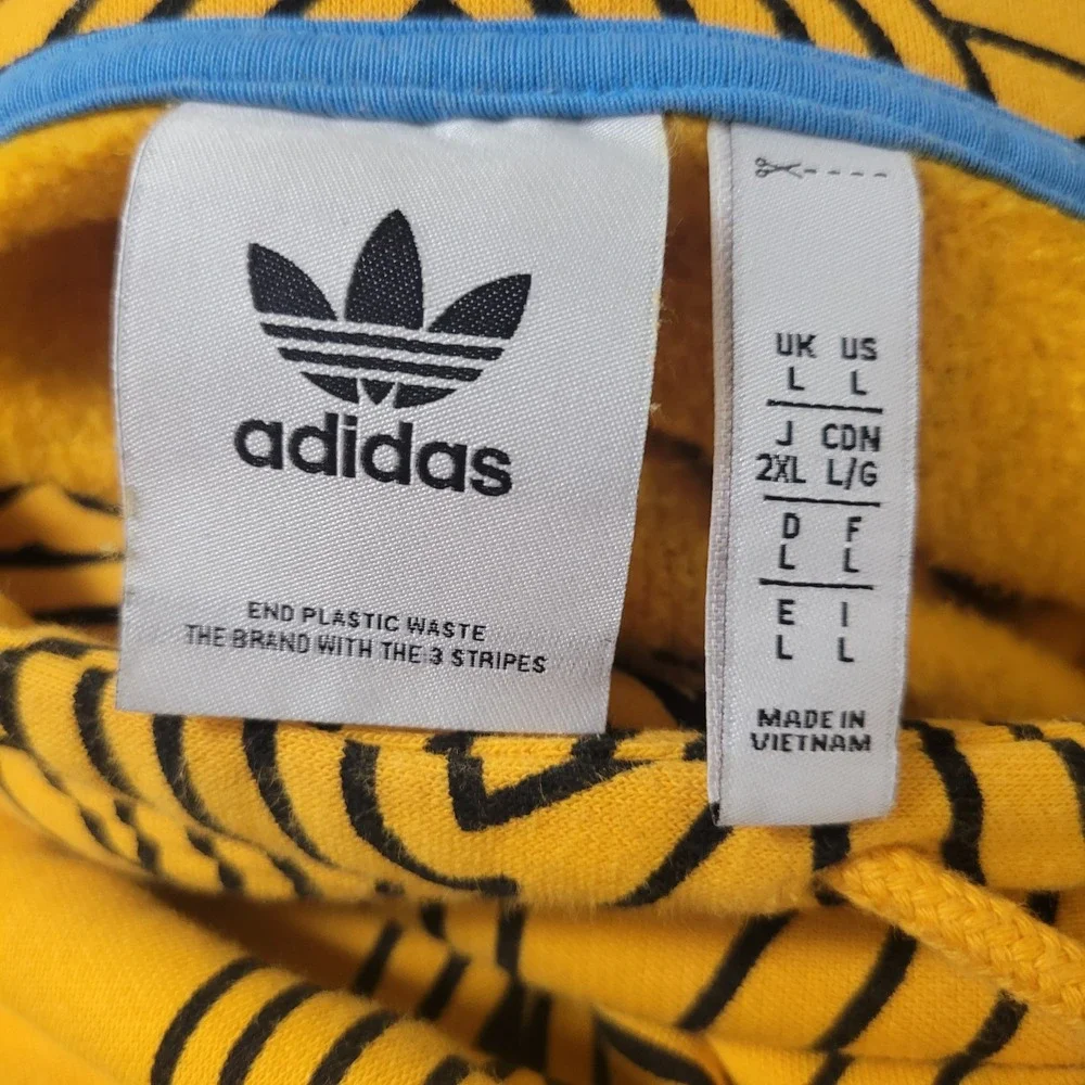 Adidas Large Hoodie Mens Yellow Black Trefoil All Over Print Graphic Pullover